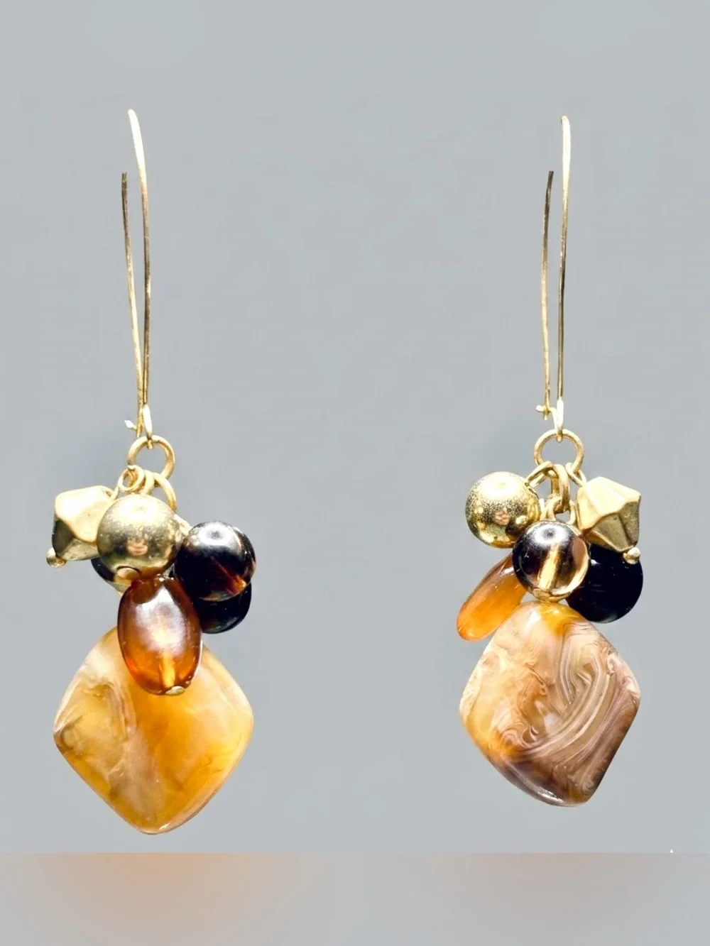 Boho Marbled Resin Cluster Dangle Earrings Gold Tone 3.5